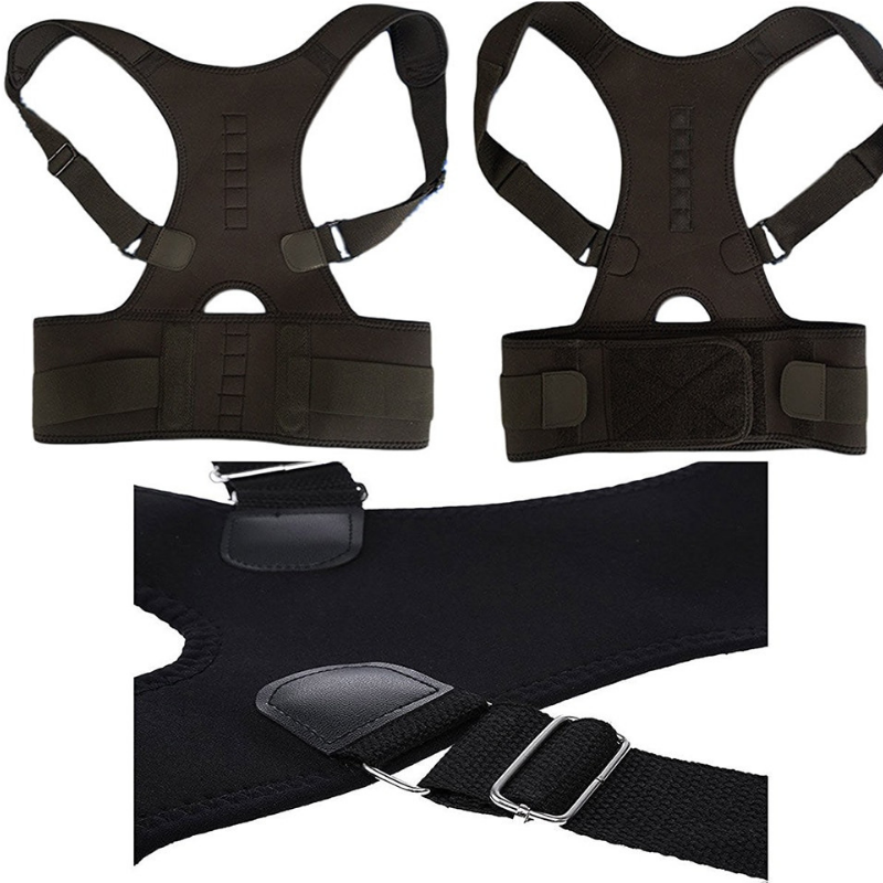 The posture back brace is one piece, combining shoulder straps and waist belt to help correct posture and alleviate back pain.