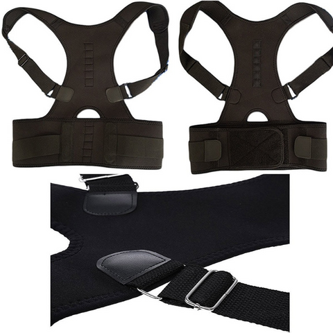 Image of The posture back brace is one piece, combining shoulder straps and waist belt to help correct posture and alleviate back pain.