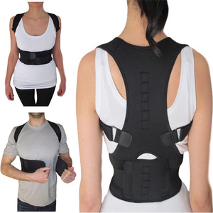 The posture corrector brace is worn over the shoulders and upper waist to correct and fix posture, straighten the back and provide lumbar support.